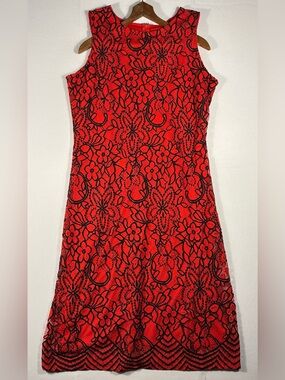 Sharagano Women’s 14 Red Sleeveless Dress with Black Lace Floral Overlay